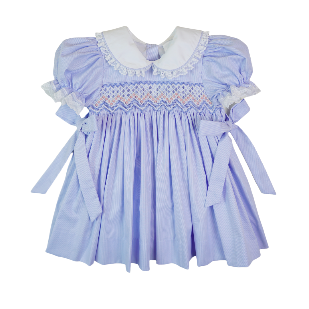 Hand-Embroidered Blue Smocked Dress