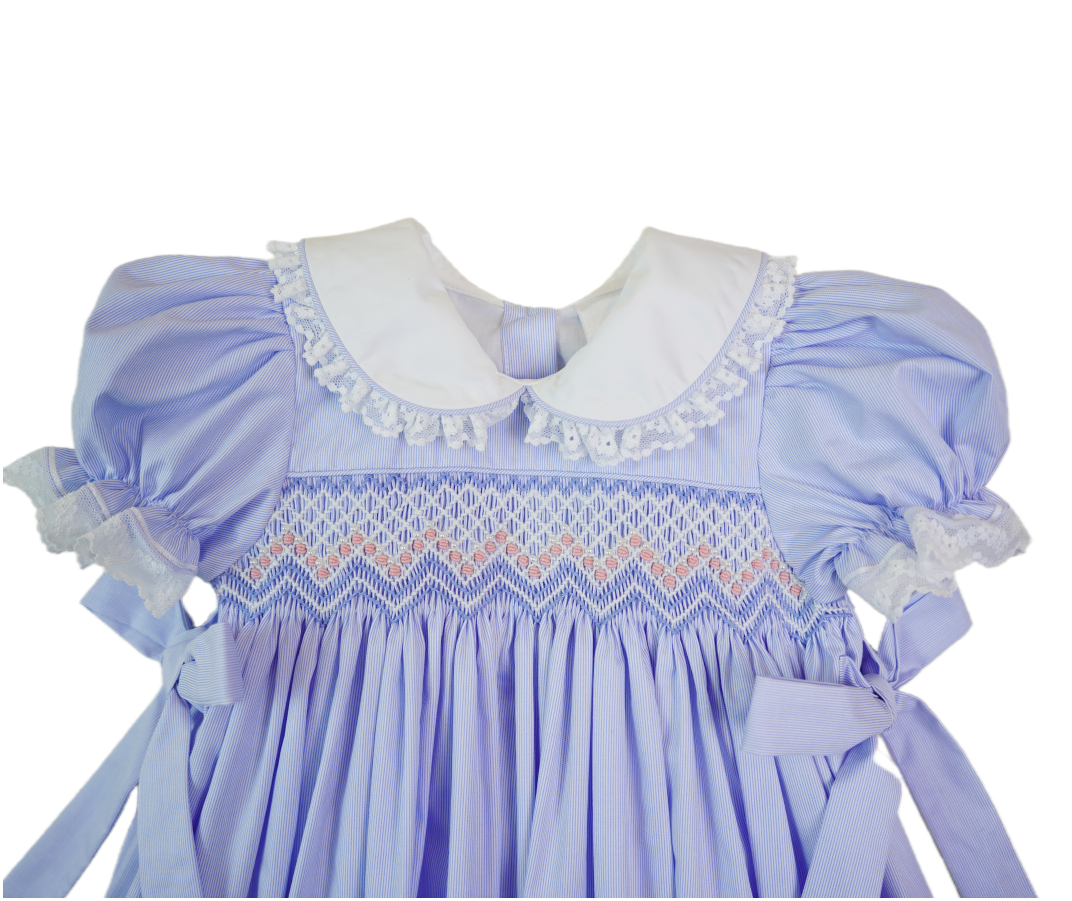 Hand-Embroidered Blue Smocked Dress