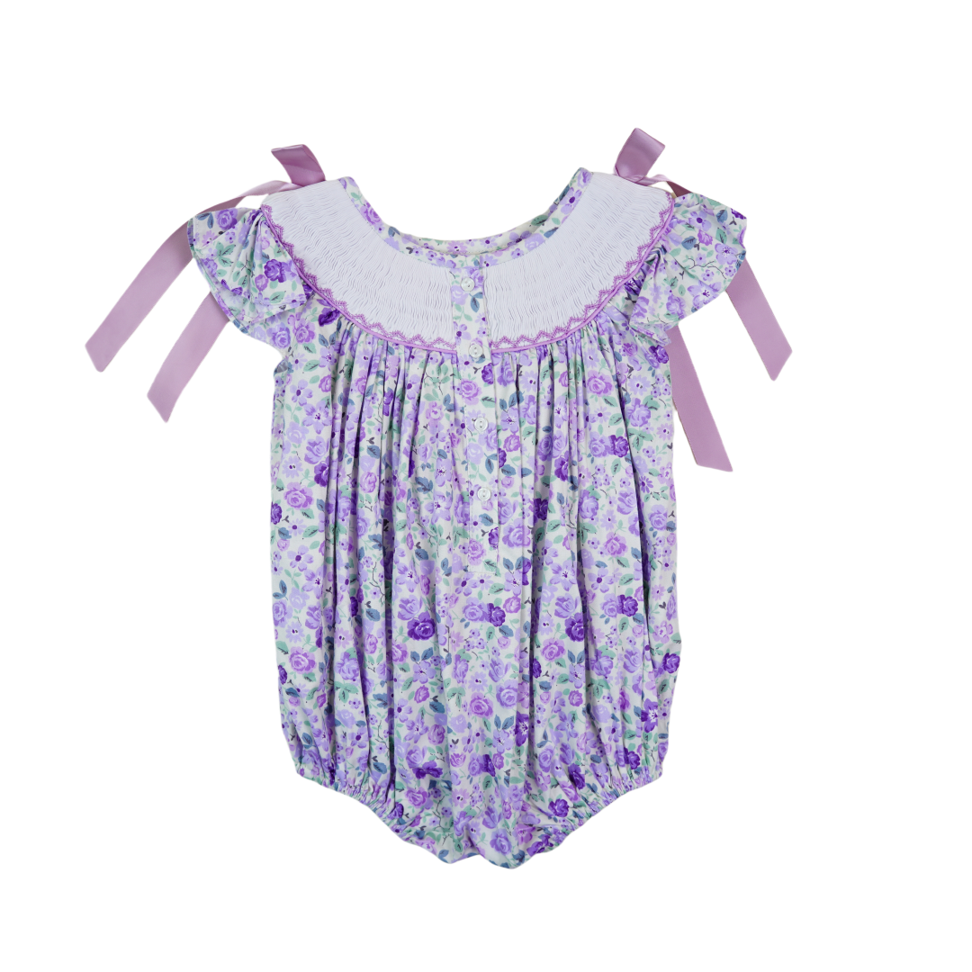 Hand-Embroidered Purple Floral Smocked Baby Romper