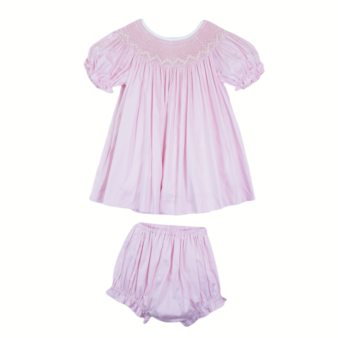 Handmade Pink Embroidered Smocked Dress & Shorts Set