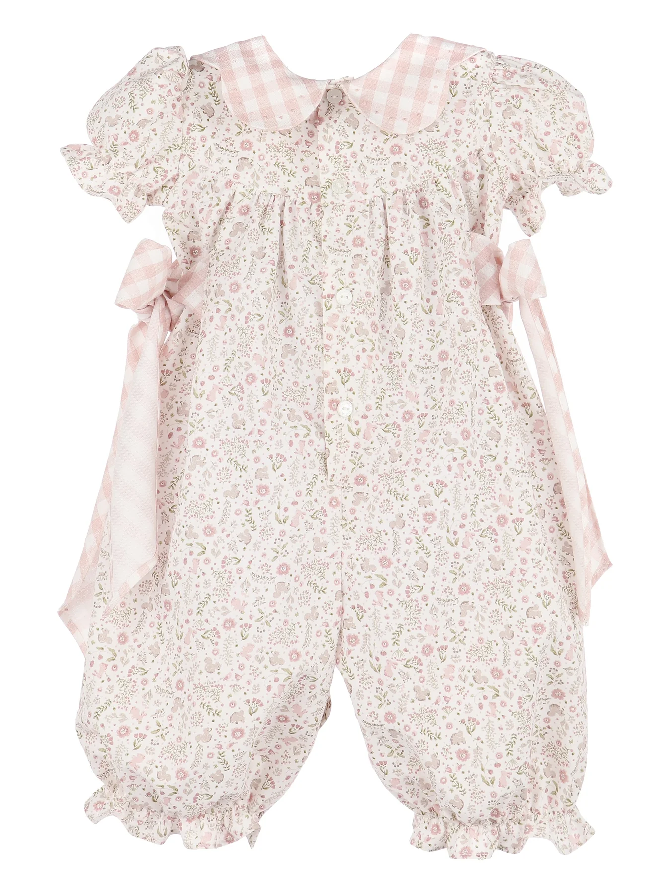 Pink Floral Baby Romper with Gingham Collar & Bows