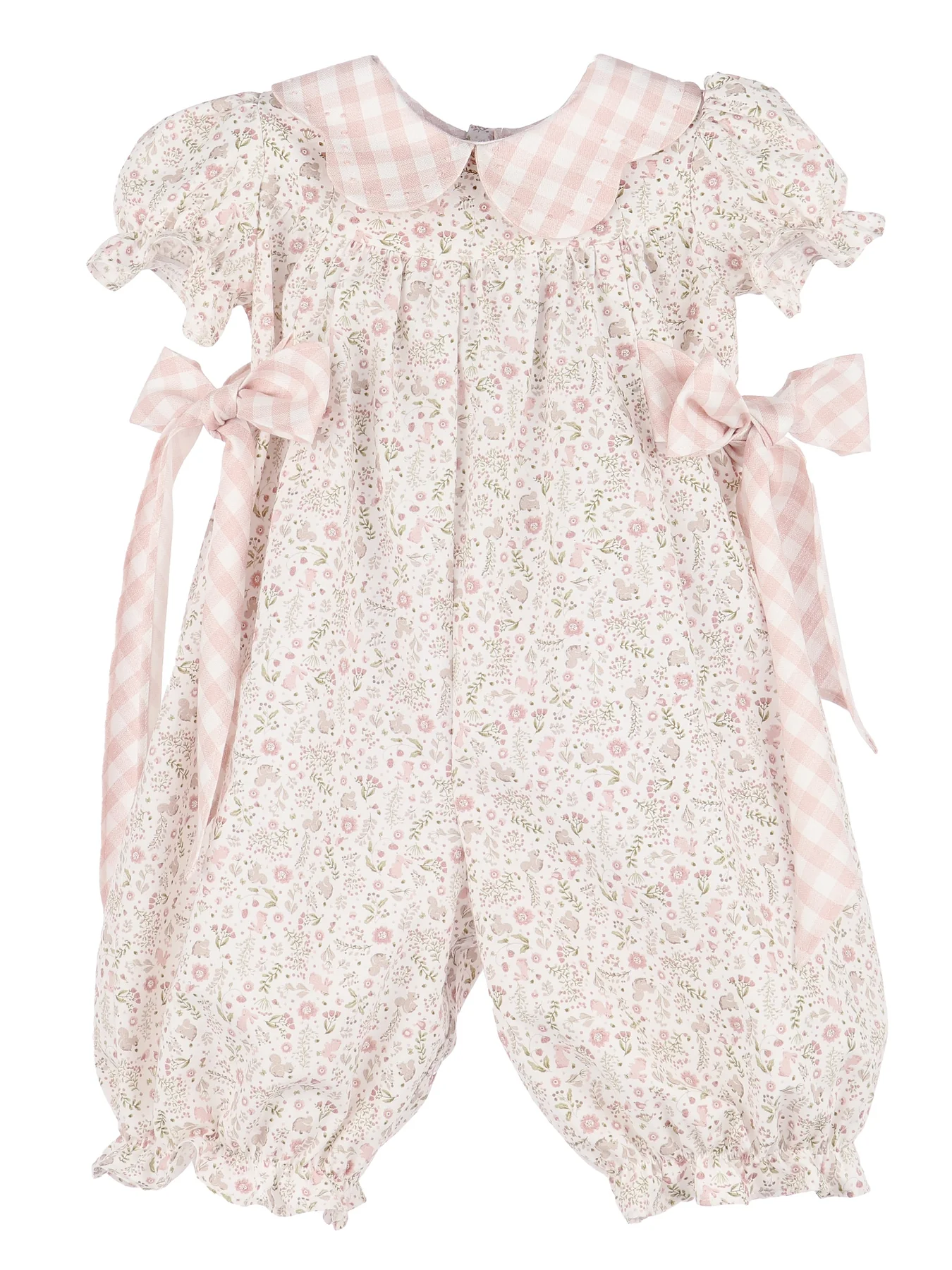 Pink Floral Baby Romper with Gingham Collar & Bows
