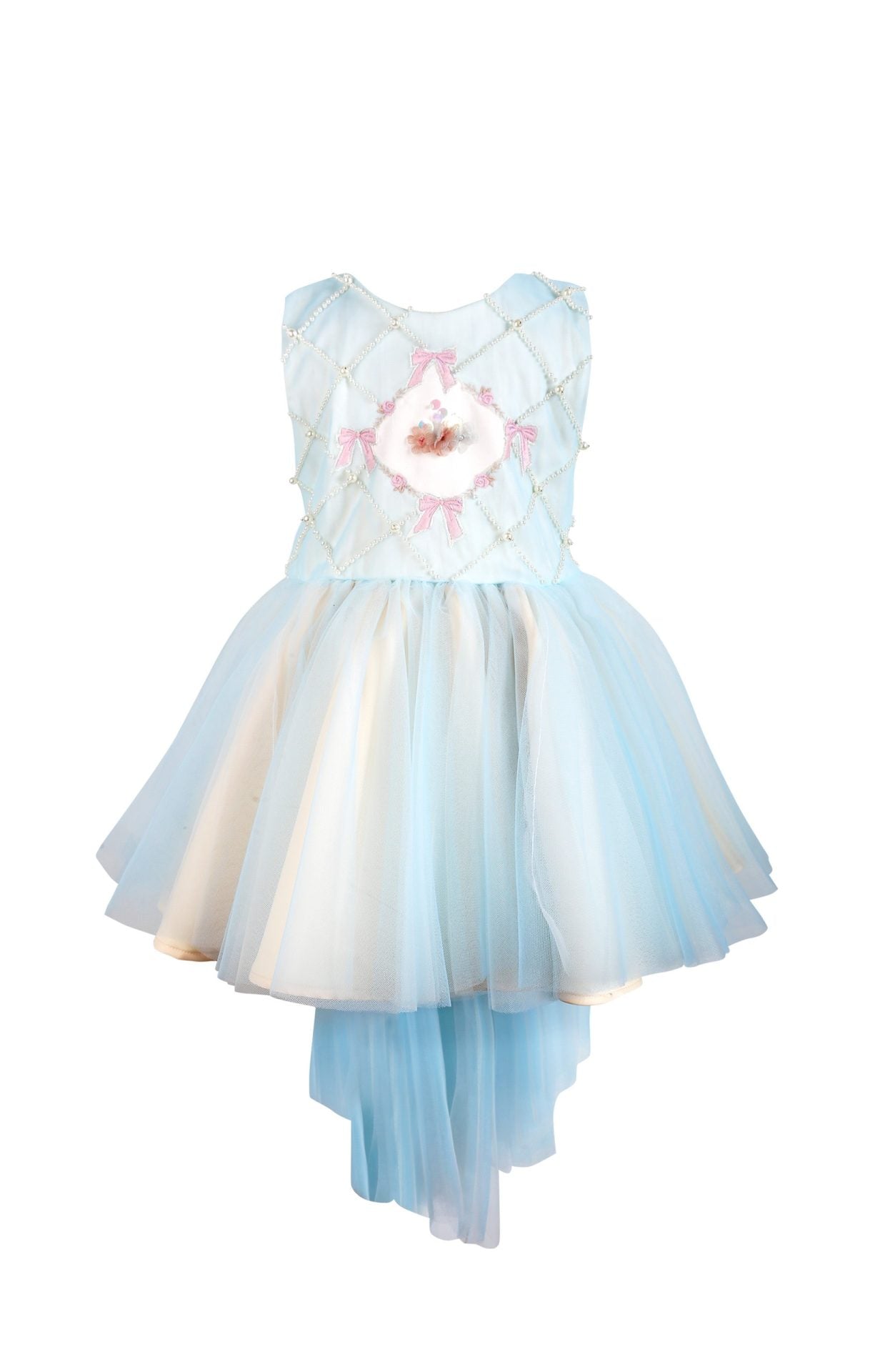 Baby girl pearl tulle dress in soft blue and ivory tones, perfect for birthday, wedding, or flower girl outfit