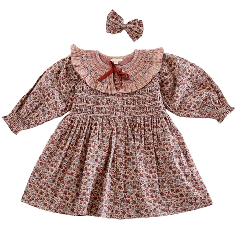 Bonjour Girls Berry Ditsy Floral Hand-Smocked Dress