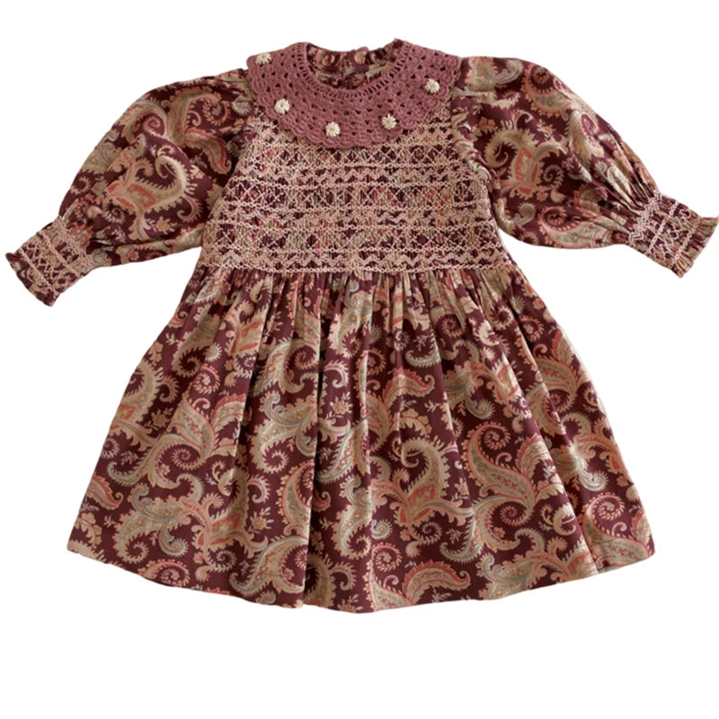 Bonjour Girls Vintage Burgundy Paisley Hand-Smocked Dress
