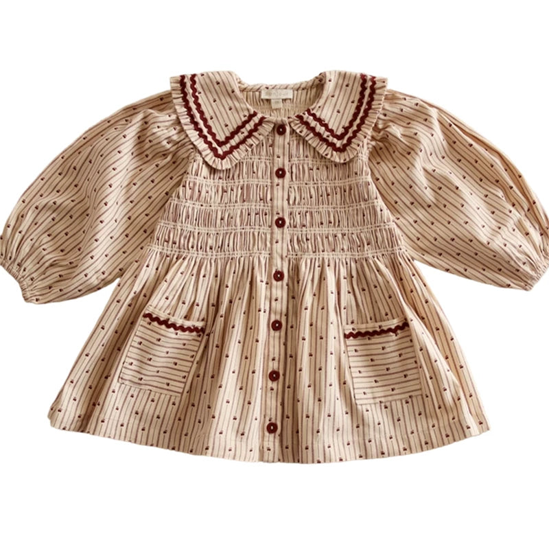 Bonjour Girls Cream Stripe Floral Smocked Cotton Dress