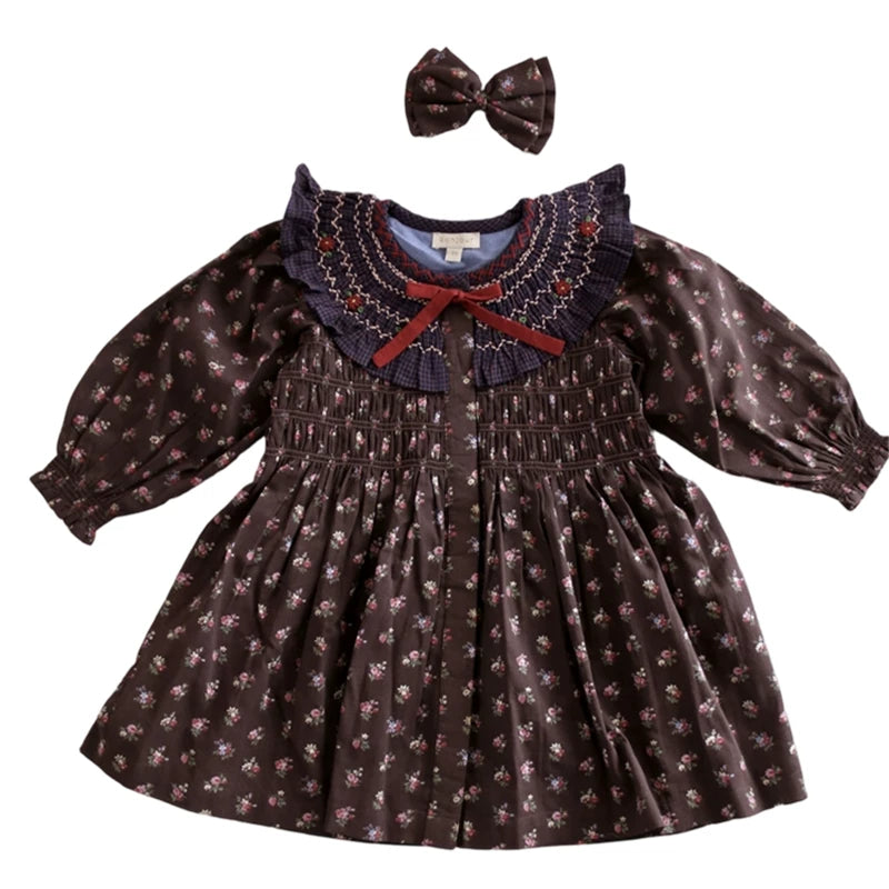 Bonjour Girls Dark Brown Ditsy Floral  Dress