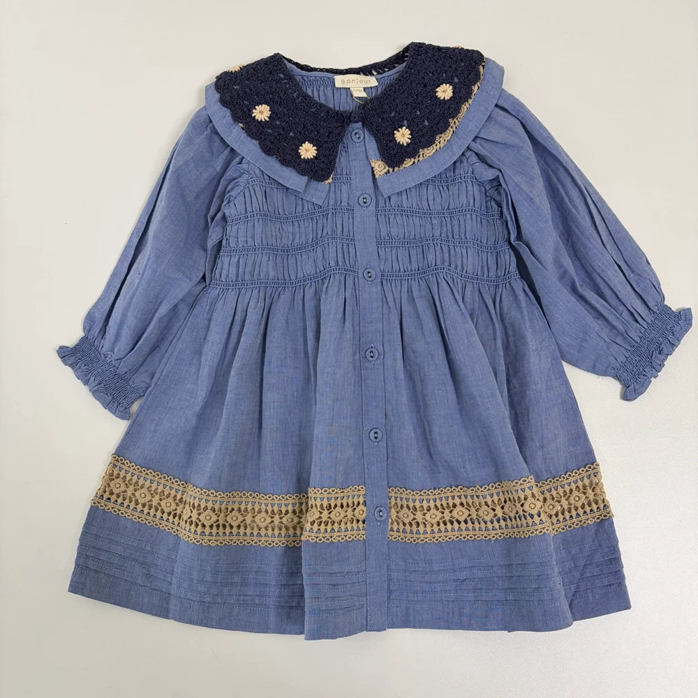 Bonjour Girls Denim Blue Cotton Hand-Smocked Dress