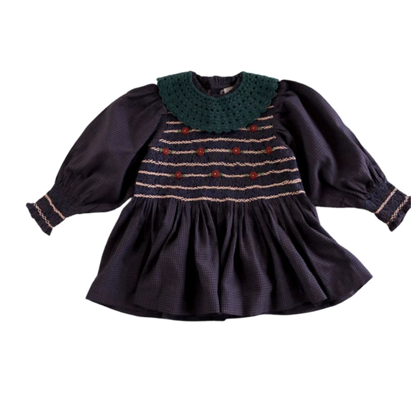 Bonjour Girls Navy Grid Hand-Smocked Dress