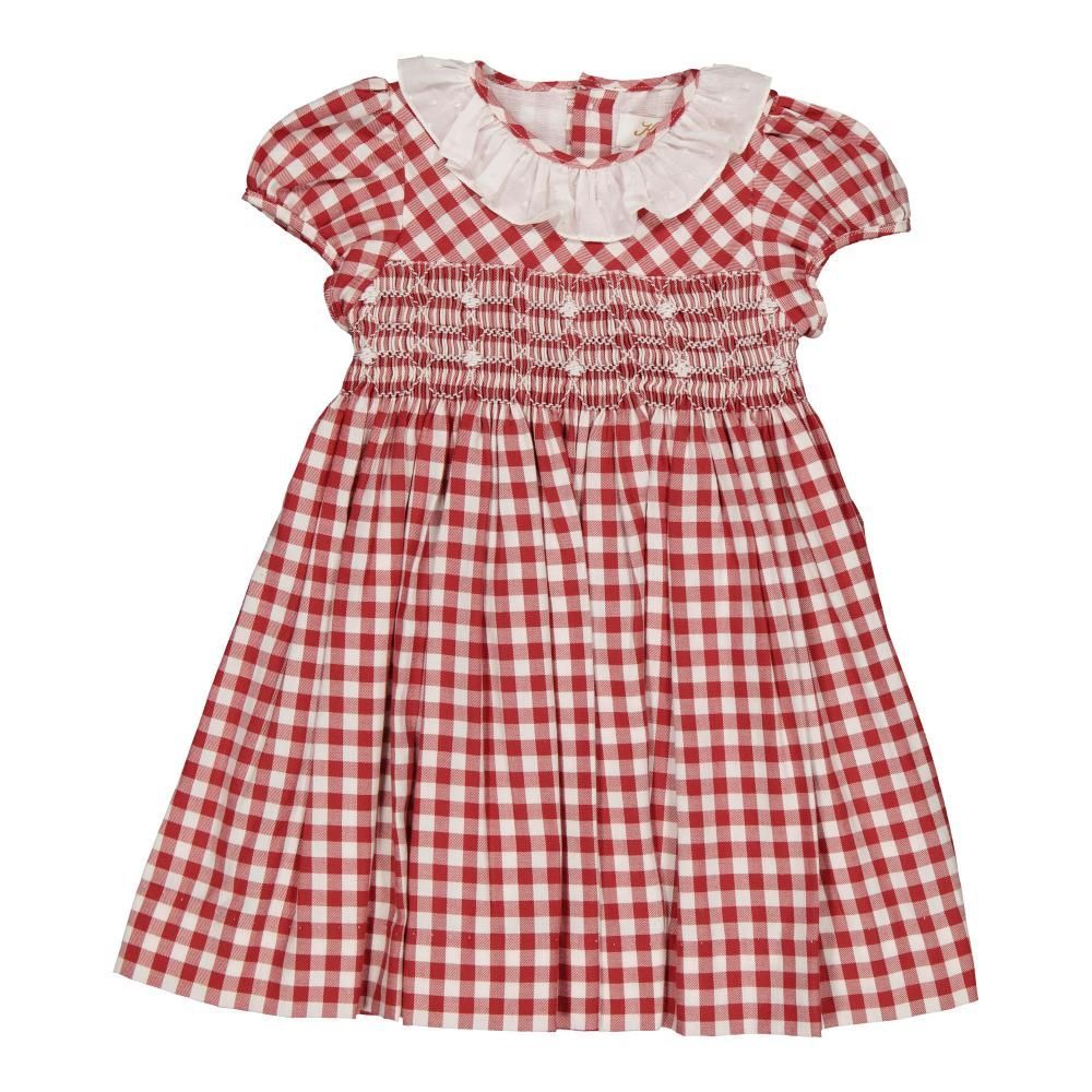 KIDIWI Girls' Red Gingham Smocked Dress with Ruffle Collar