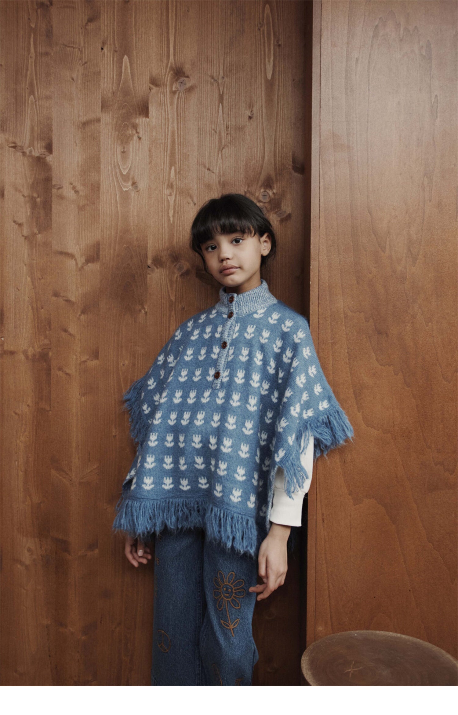 Emile et Ida Bleu Blue Jacquard Knit Poncho