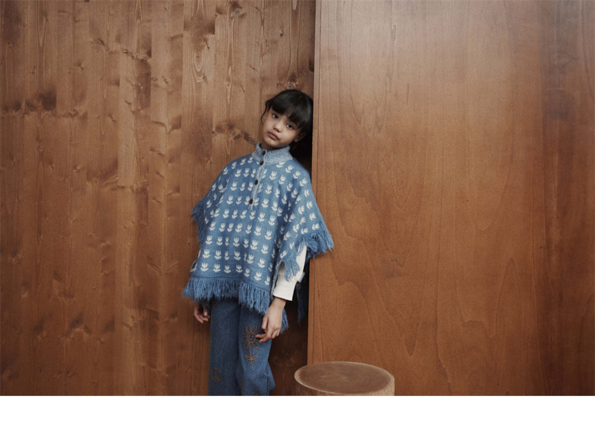 Emile et Ida Bleu Blue Jacquard Knit Poncho