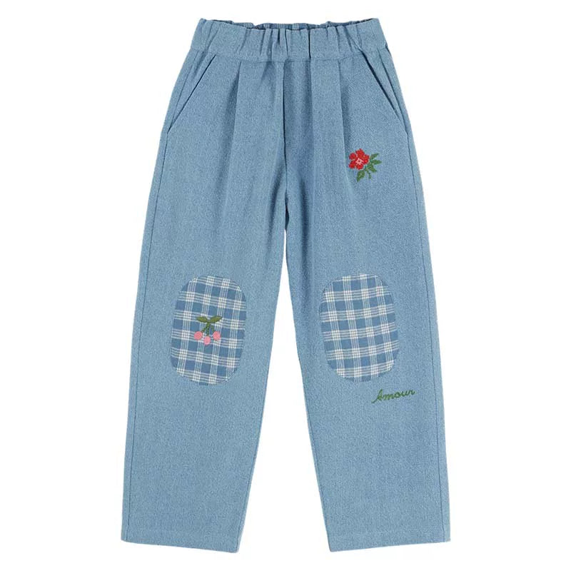 Bleu-Délavé  Patchwork Cherry Embroidered Cotton Trousers