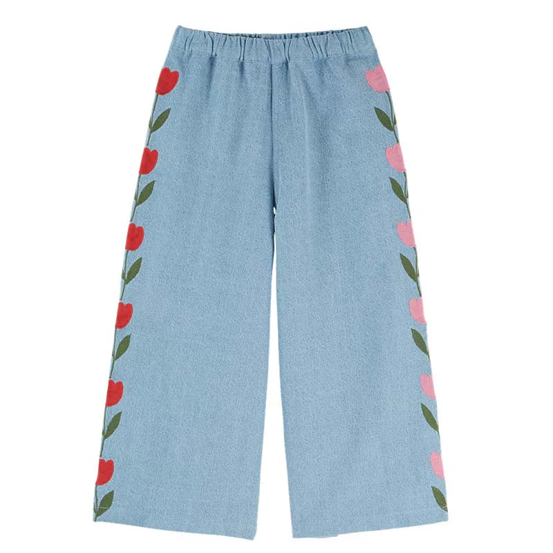 Bleu-Délavé Tulip Embroidered  Wide-Leg Trousers