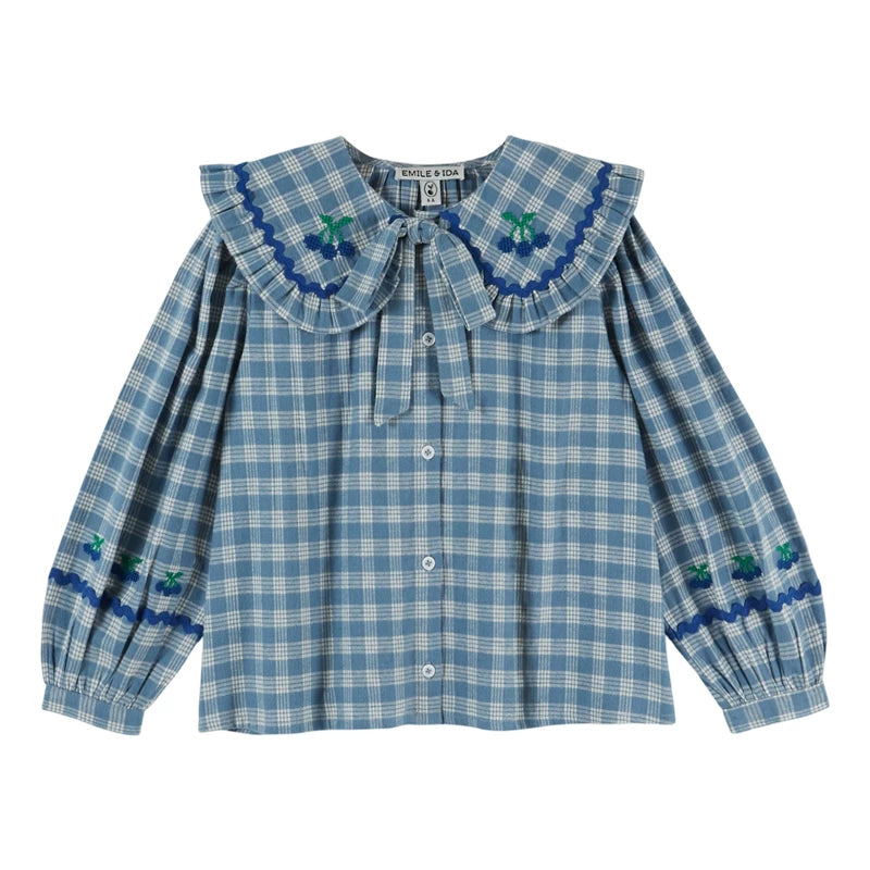 Blue Check Embroidered Cotton Blouse