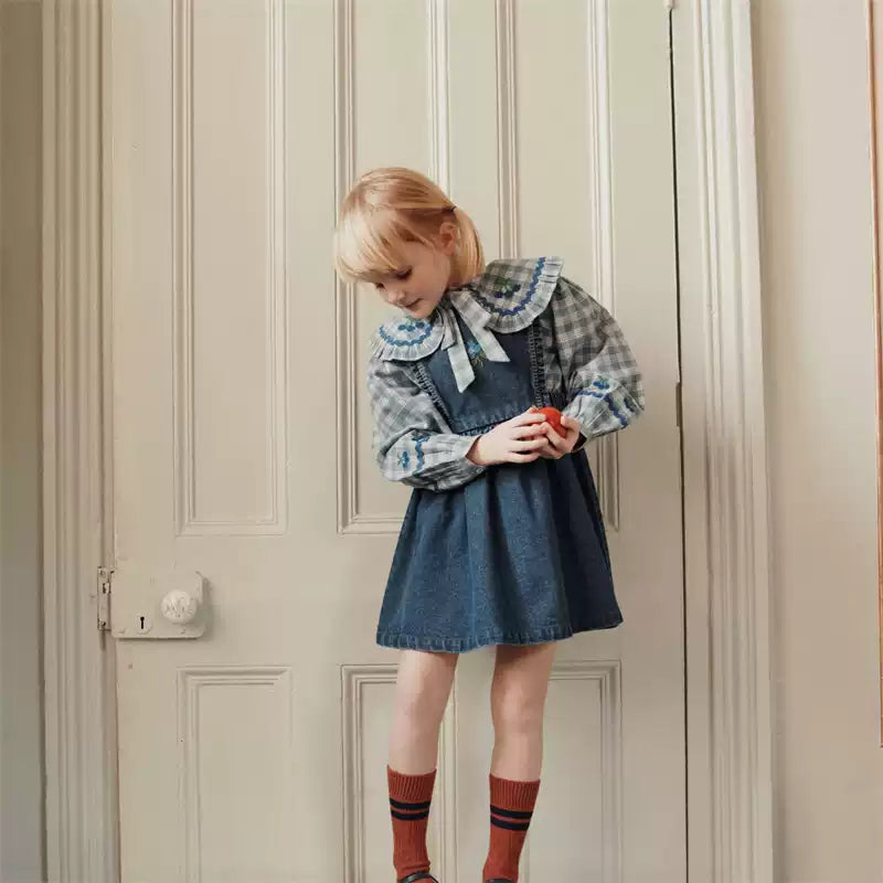 Blue Check Embroidered Cotton Blouse