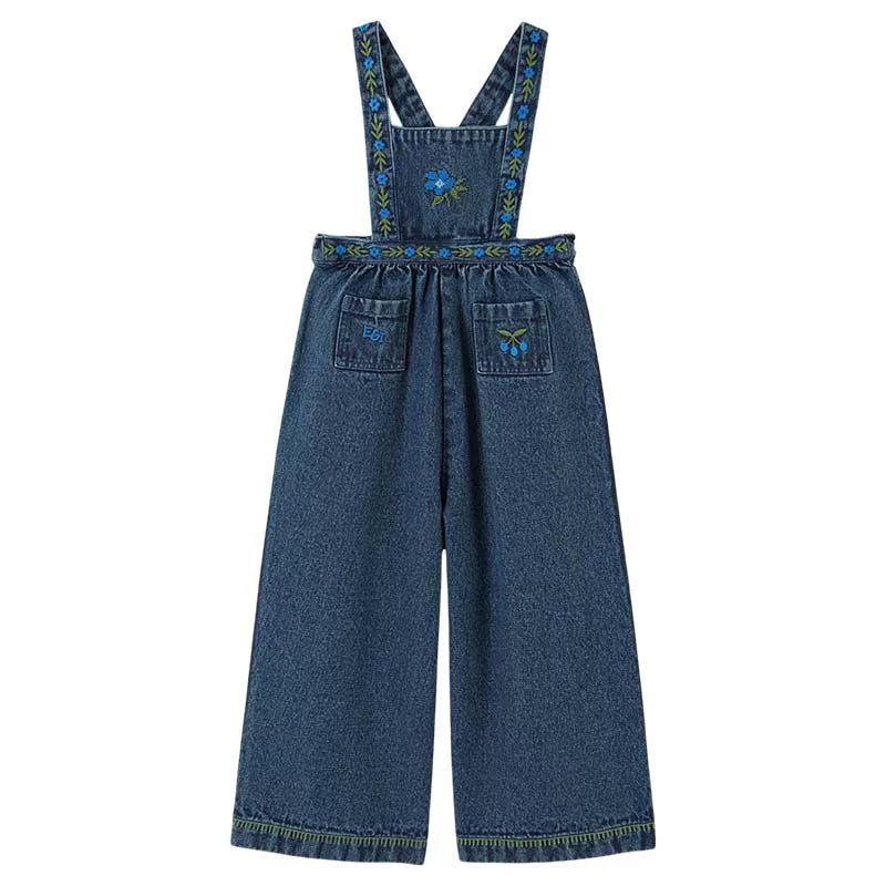 Denim  Floral Embroidered Cotton Wide-Leg Dungarees