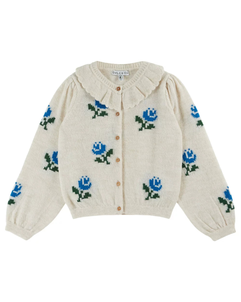 Emile et Ida Ecru Blue Rose Jacquard Cardigan