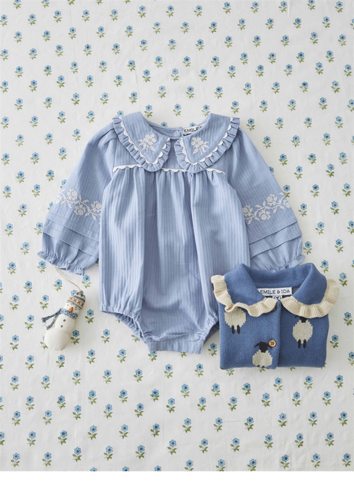 Emile et Ida Lac Blue Embroidered  Romper