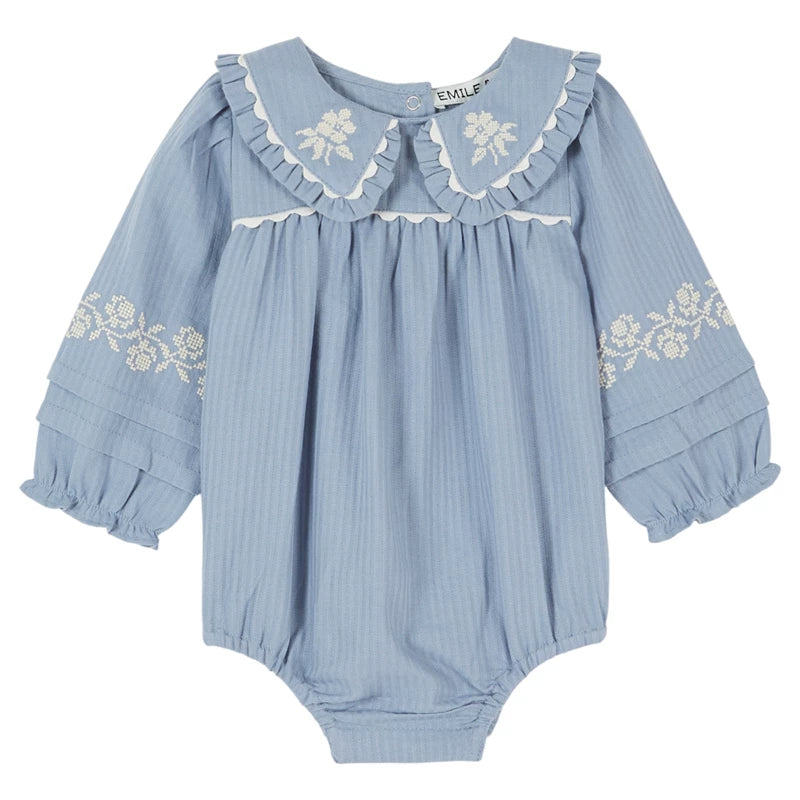 Emile et Ida Lac Blue Embroidered  Romper
