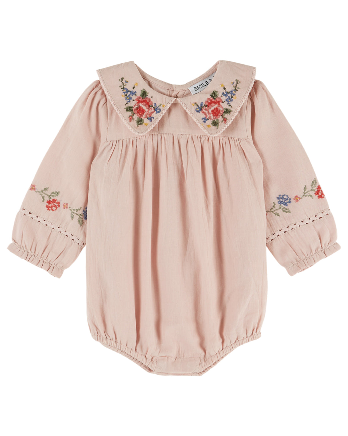 Emile et Ida  Pink Embroidered Peter Pan Collar  Romper