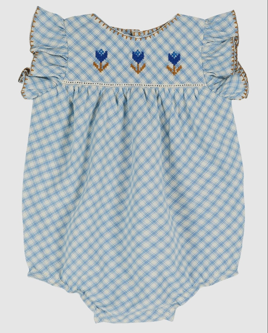 Emile Baby Blue Checkered Sleeveless Romper