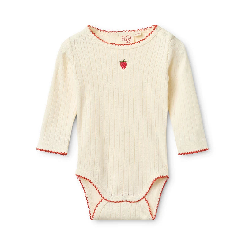 Gentle Cream Strawberry Embroidered  Long Sleeve Bodysuit