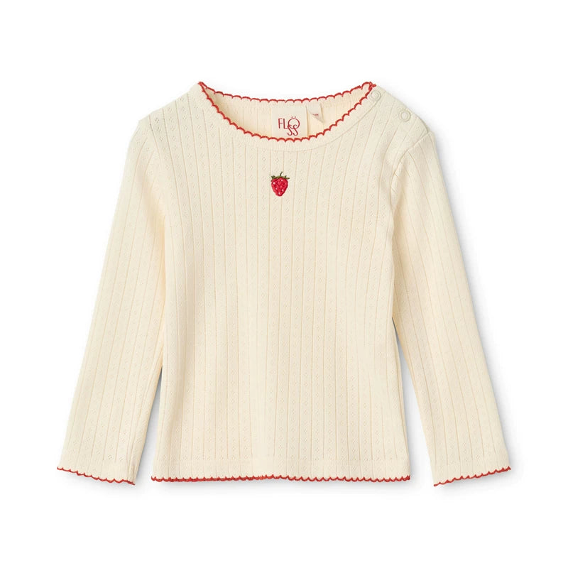 Gentle Cream Strawberry Embroidered  Long Sleeve Top