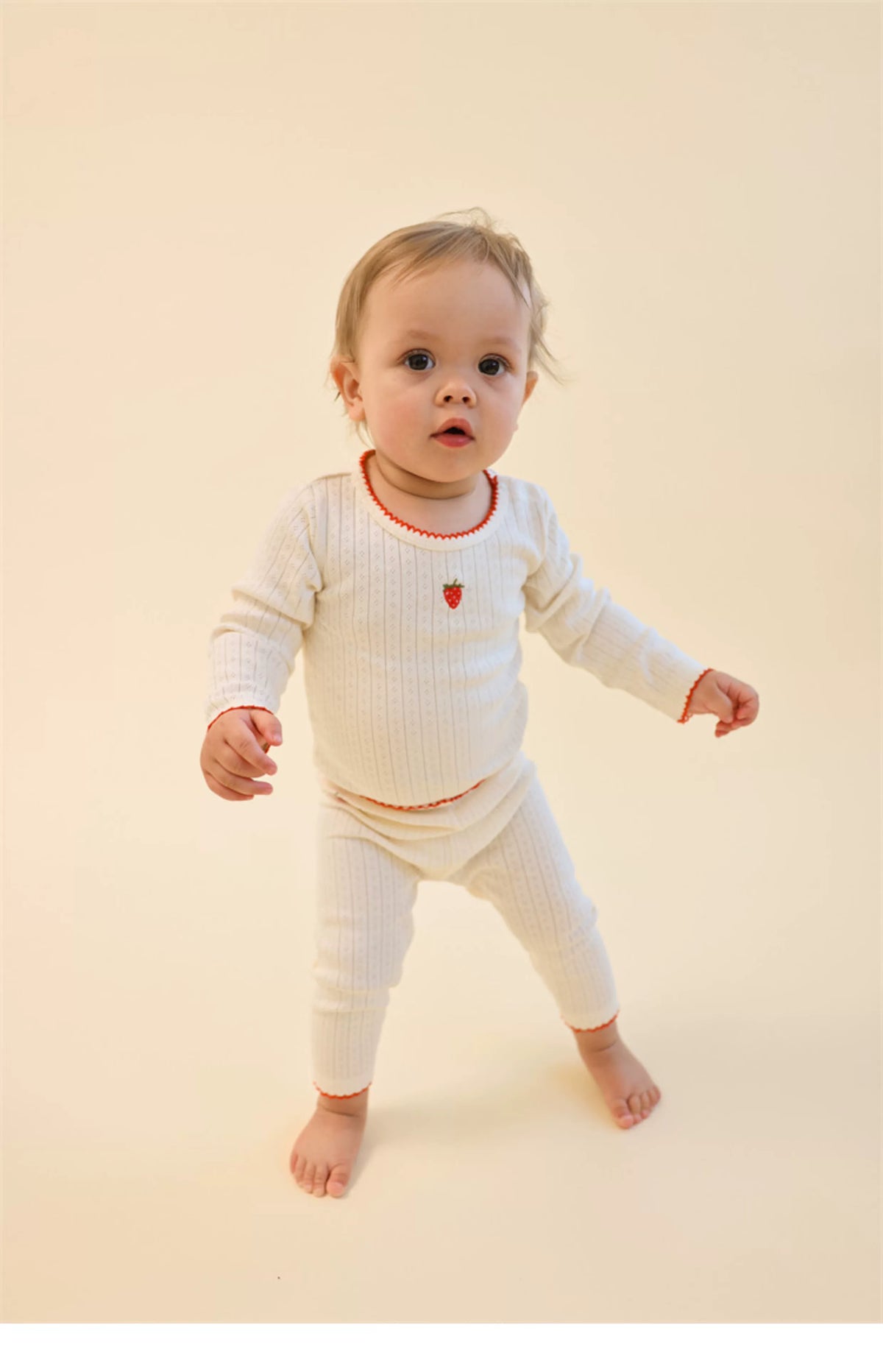 Gentle Cream Strawberry Embroidered  Long Sleeve Top