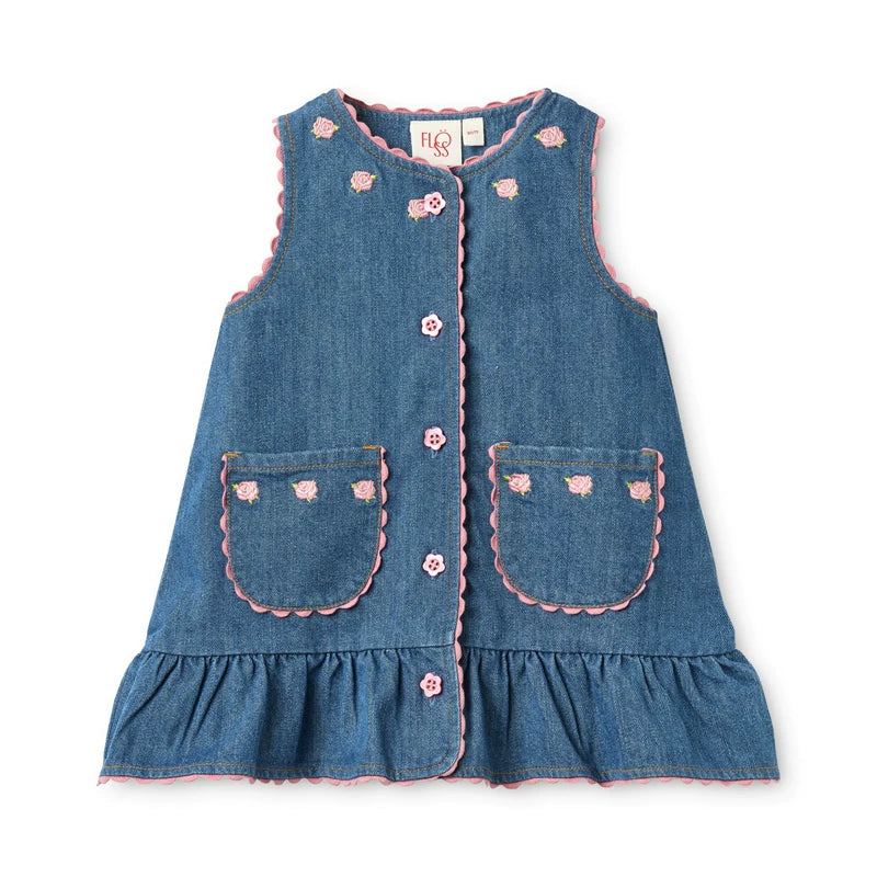 Floess  Rose Embroidered Cotton Pinafore Dress