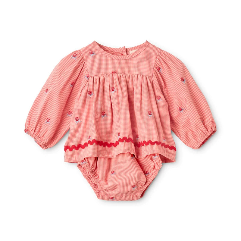 Pink Rose Gingham Embroidered  Dress Bodysuit
