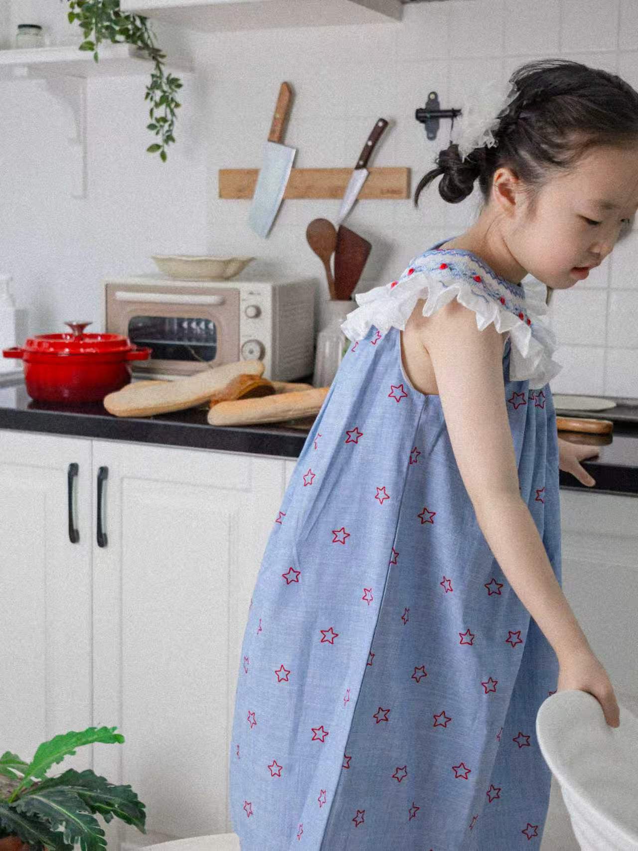 French Blue Star Print Hand-Smocked Dress