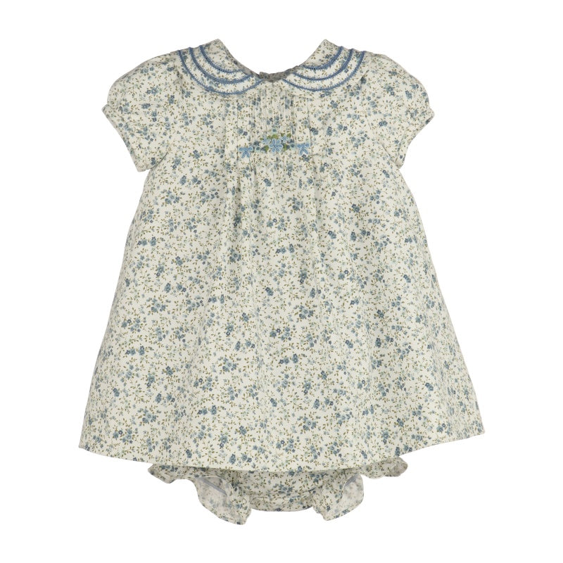Luli&Me blue floral baby girl dress with Peter Pan collar and embroidery details
