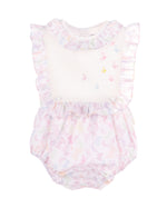 Luli & Me Girl Overall for baby girls butterfly embroidered bubble romper front view