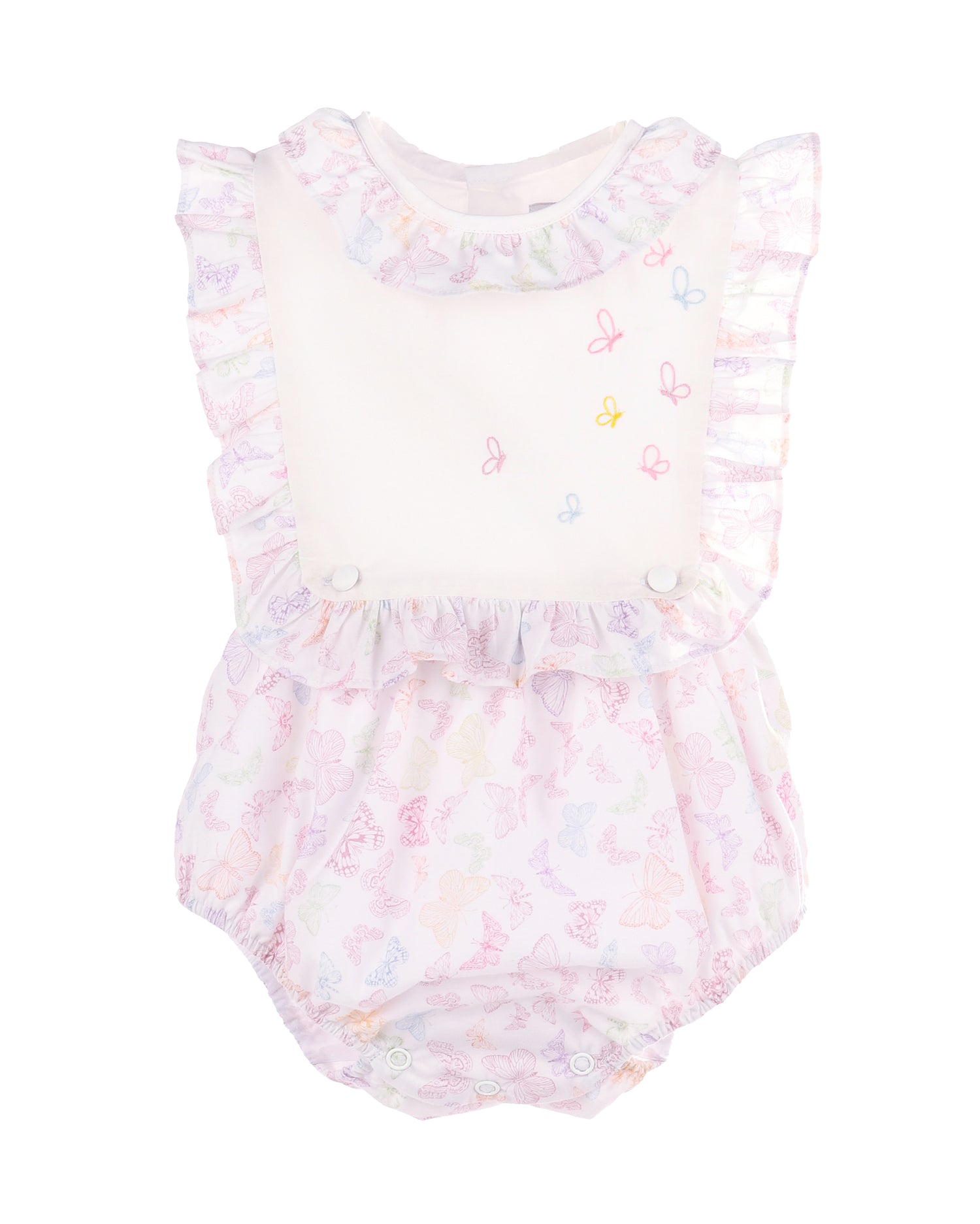 Luli & Me Girl Overall for baby girls butterfly embroidered bubble romper front view