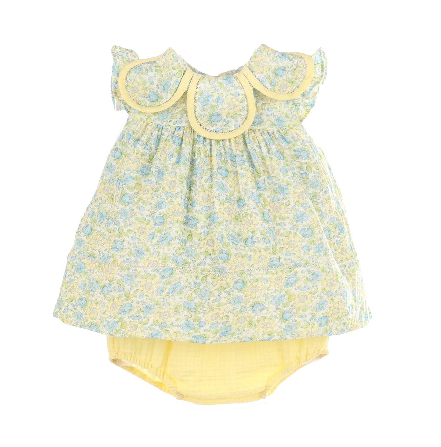 Luli & Me Petal Float Dress for baby girls yellow floral float dress front view