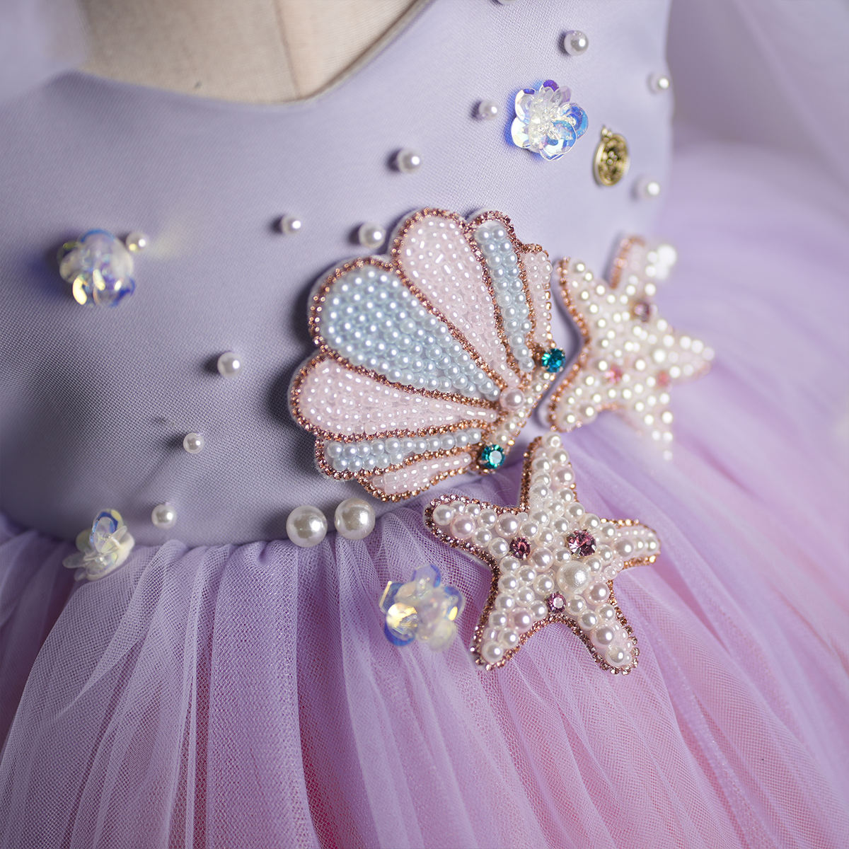 Lilac Mermaid Princess Dress with Pearls for Girls