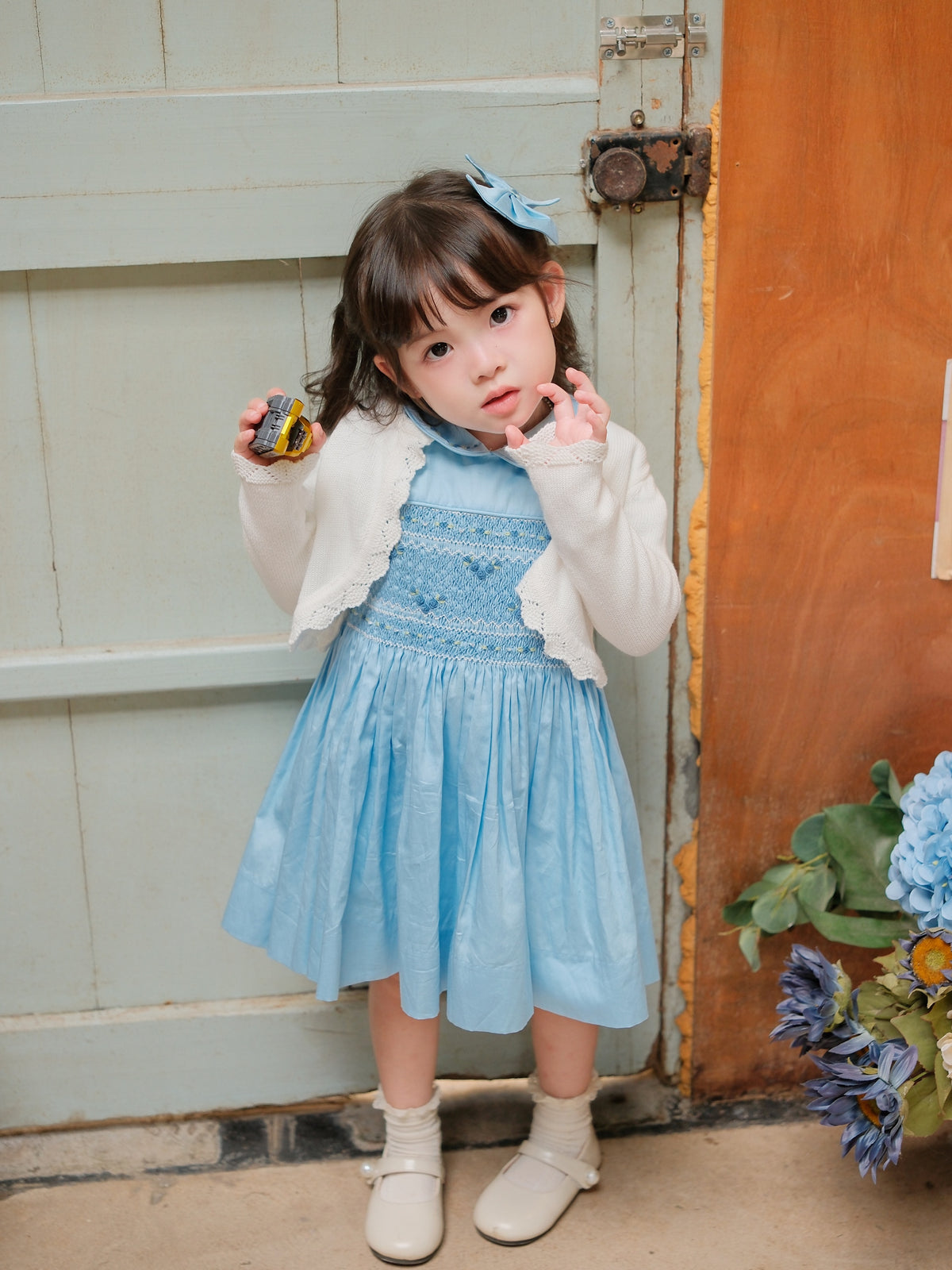 Pufflings Light Blue Puff Sleeve Dress with Peter pan Collar
