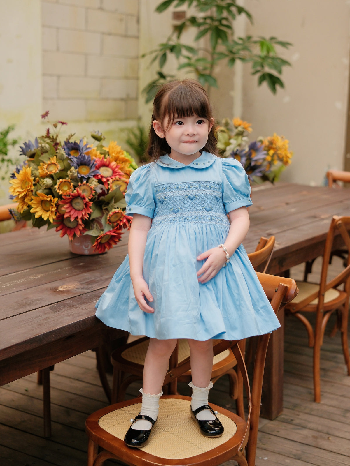 Pufflings Light Blue Puff Sleeve Dress with Peter pan Collar