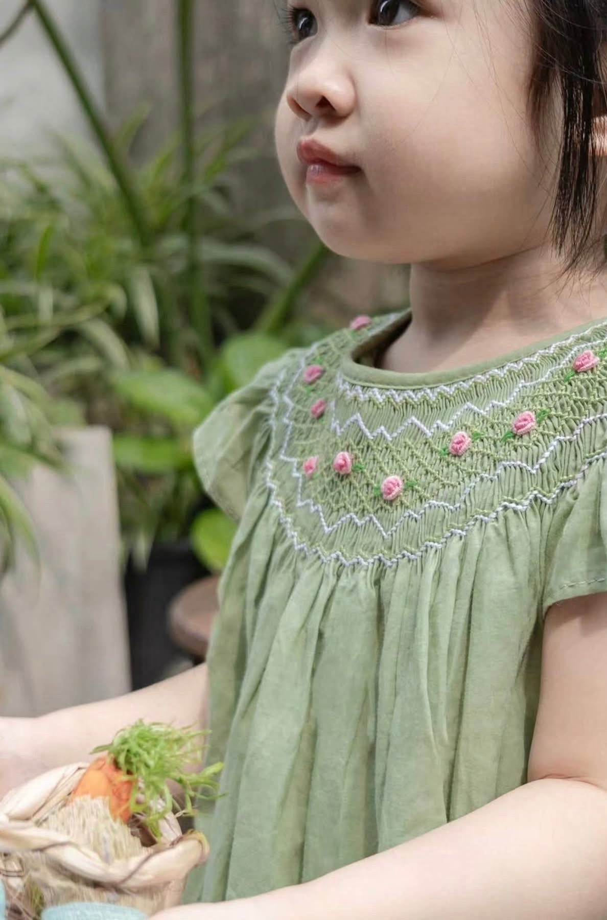 Sage Green Hand-Smocked Floral Eyelet Dress
