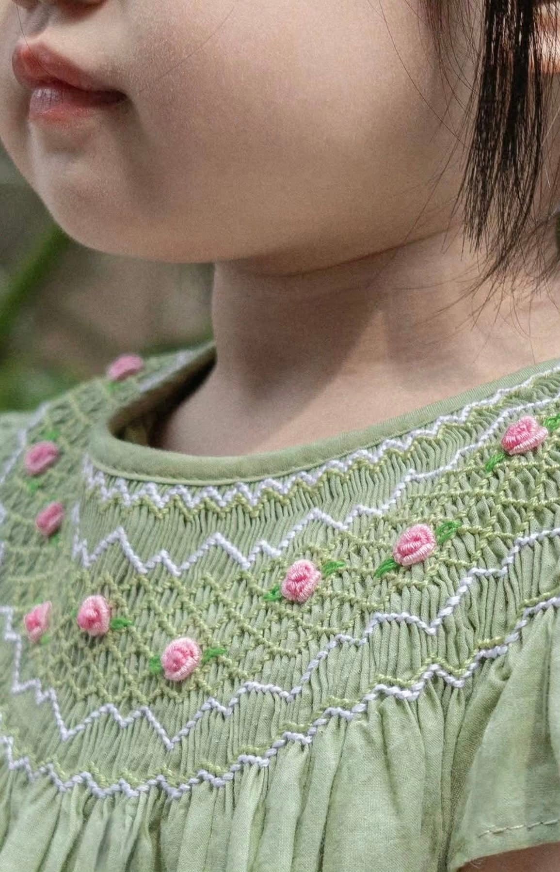 Sage Green Hand-Smocked Floral Eyelet Dress