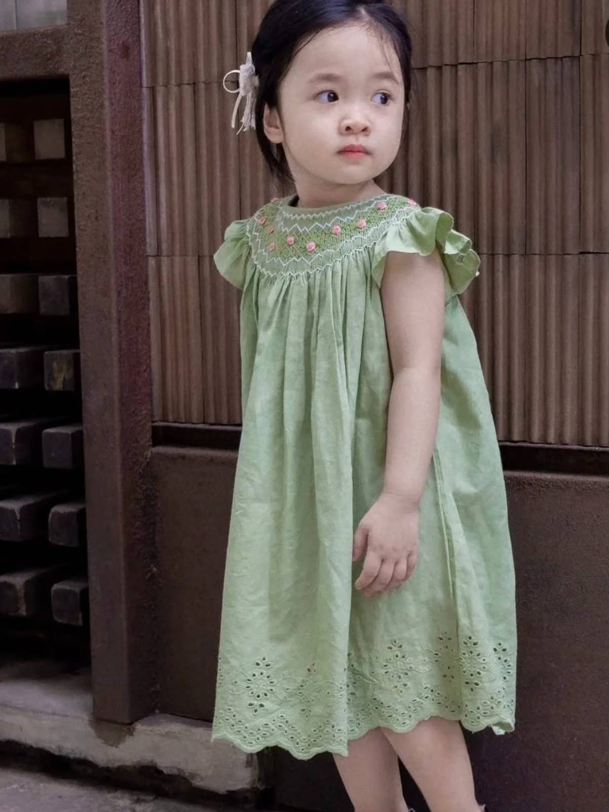 Sage Green Hand-Smocked Floral Eyelet Dress