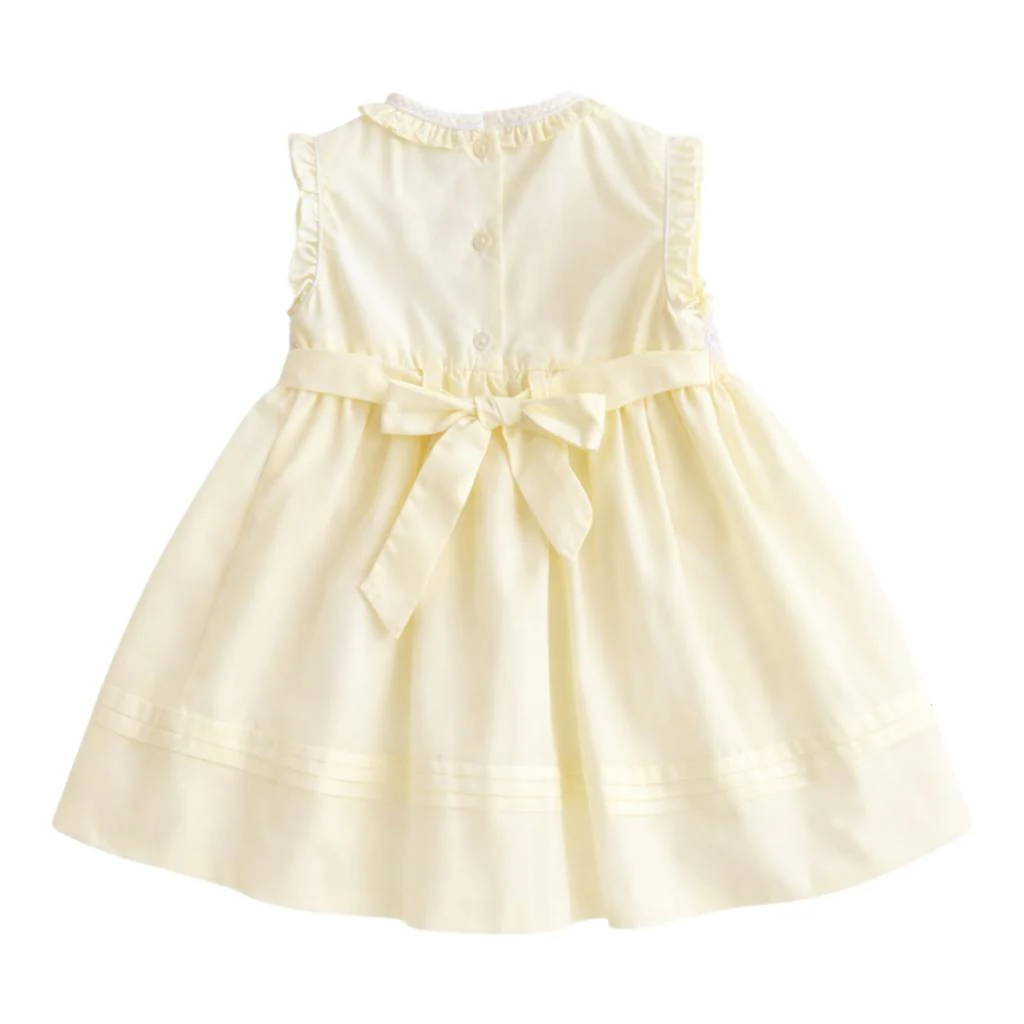 Sarah Louise lemon yellow dress with back buttons and matching tie bow