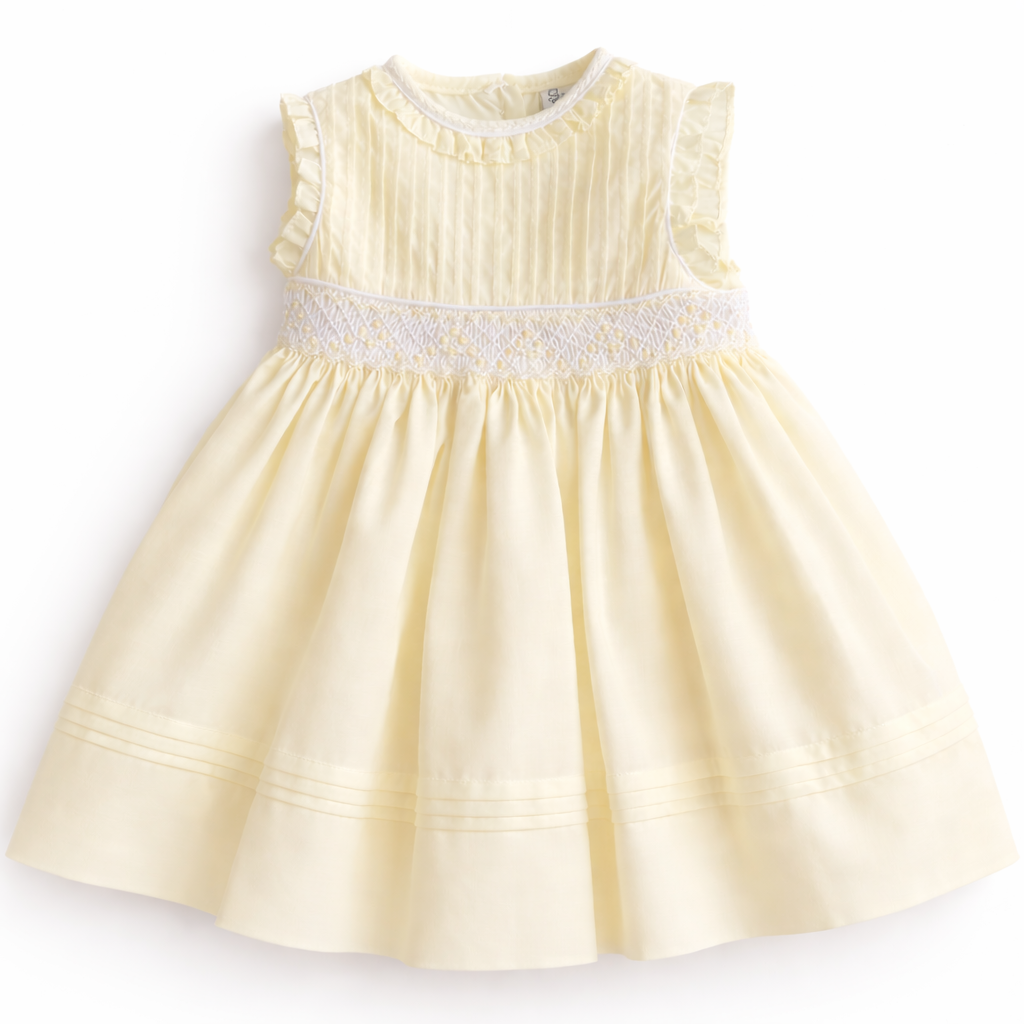 Sarah Louise 013819-1 girls lemon yellow sleeveless hand-smocked dress, front view
