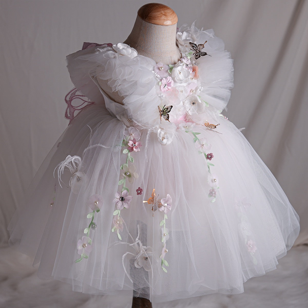 3D Floral White Fairy Dress with Butterfly Wings